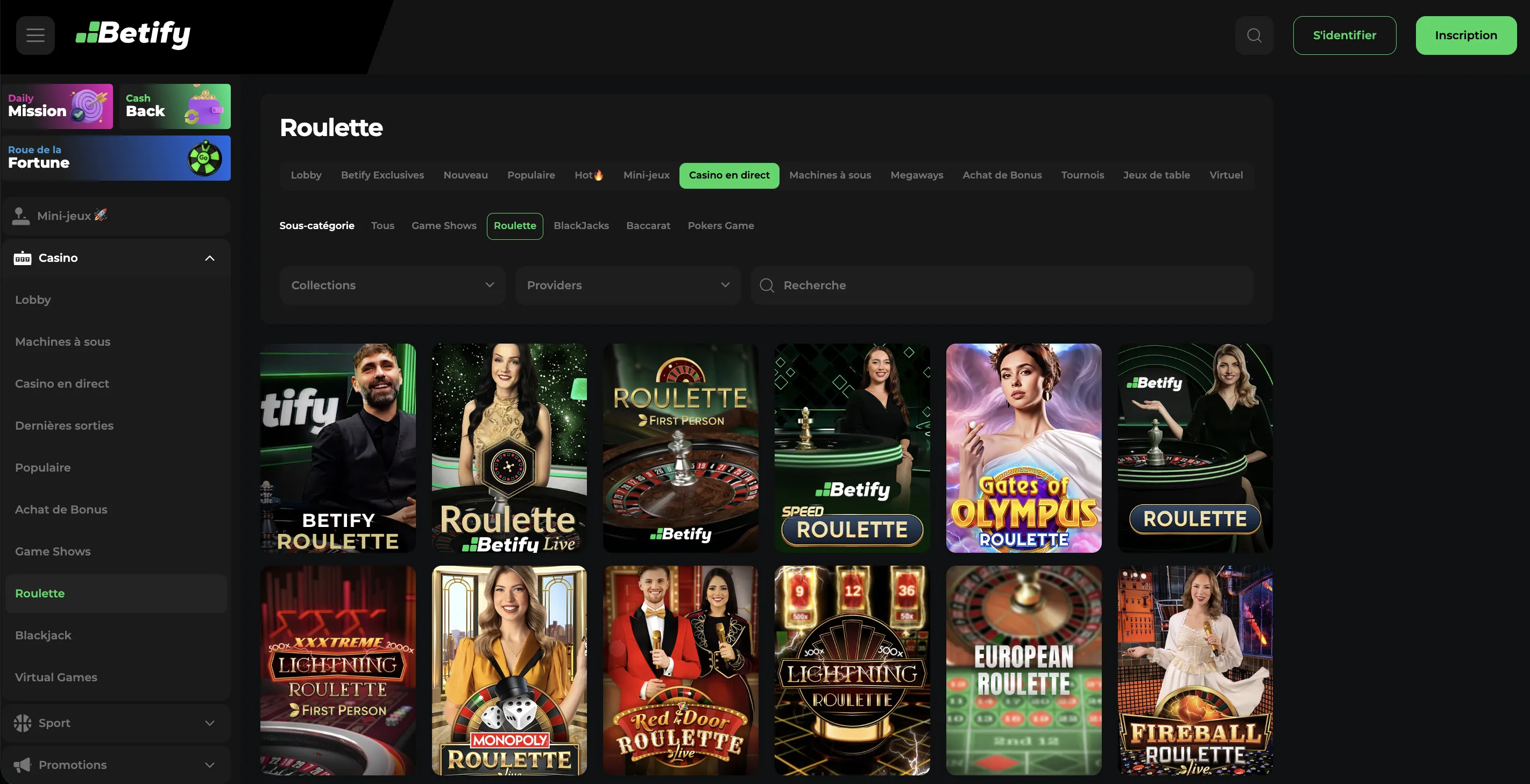 Jeux et casino en direct sur l'interface mobile Betify app