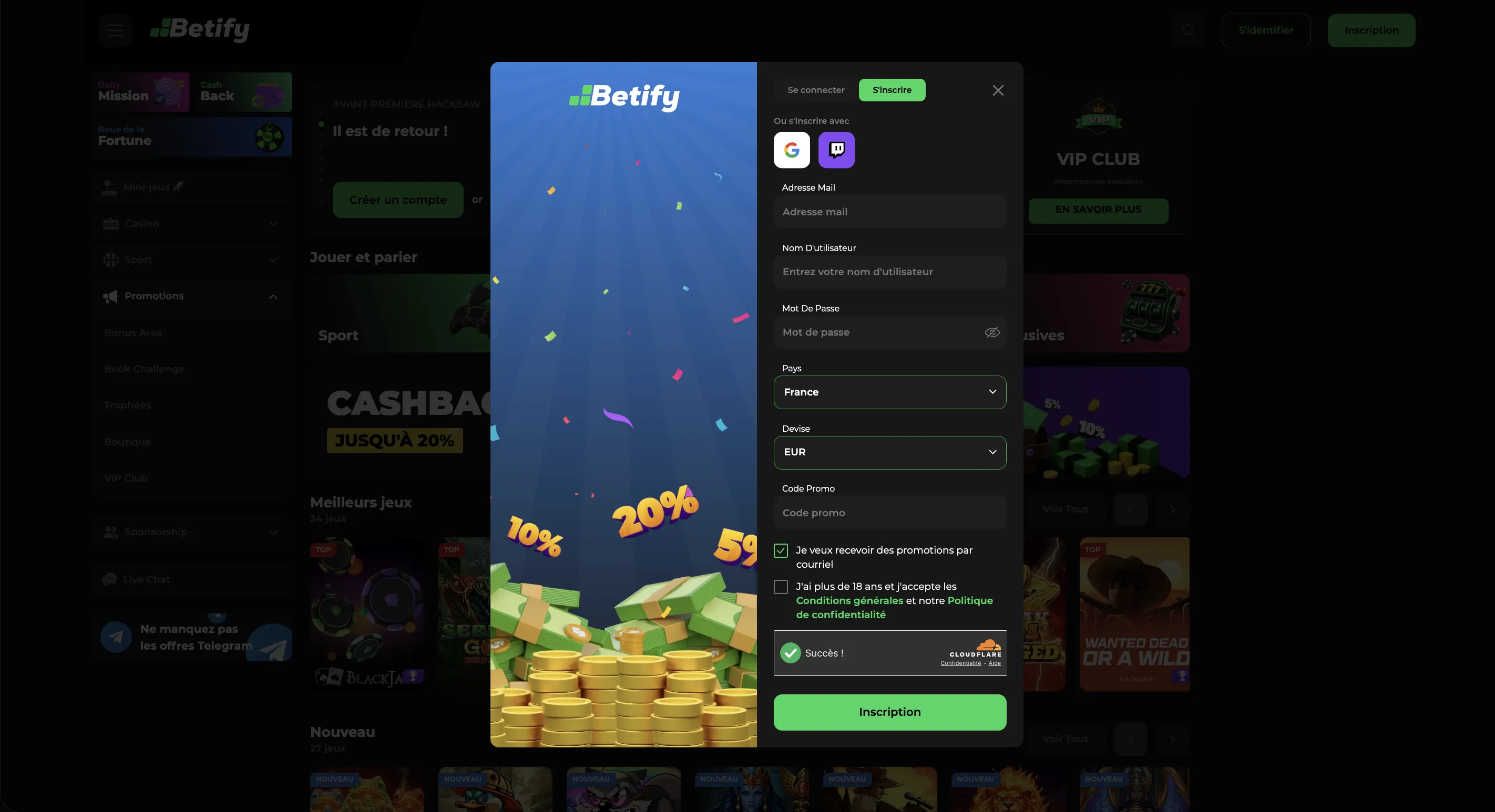 Betify connexion et inscription : les six champs du formulaire